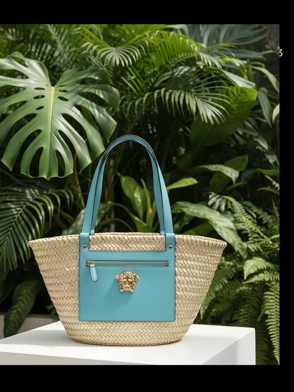 Versace Turquoise Straw Tote with Gold Medusa Emblem